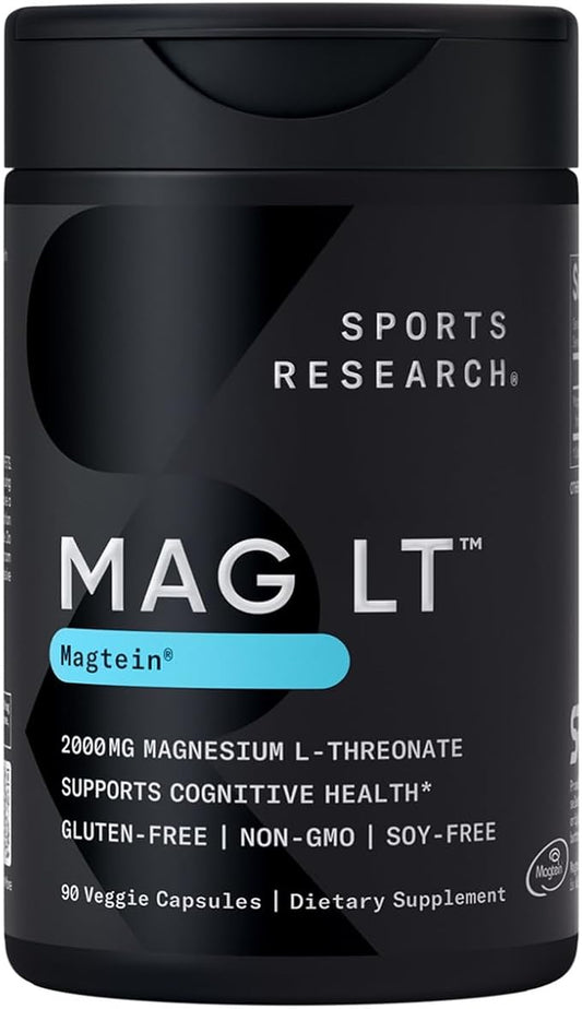 Sports Research Magtein Magnesium L-Threonate Capsules - Magnesium Supplement for Memory, Focus & Cognition - Magnesium L Threonate Supports Brain Health, Sleep & Mood - 2000mg, 90 Capsules for Adults