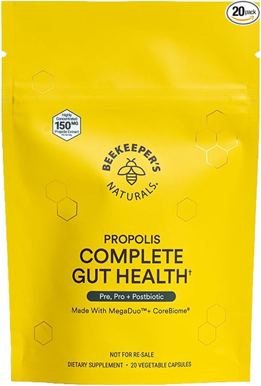 Beekeeper's Naturals Complete Gut Health, 3-in-1 Prebiotic, Postbiotic, Probiotics for Digestive Health & Bloating Relief for Women & Men, Propolis Powered, Gluten-Free Vegan Capsules, 20ct
