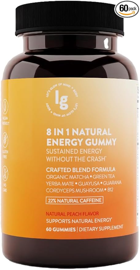 8-in-1 Natural Energy Gummies, Vitamin B12, Sleep Gummies, Womens Multivitamin Gummy, Energy Chews, Vitamin C Gummies, Running Gummies, Peach Flavor, Energy Supplements, 22% Caffeine, 60 Count