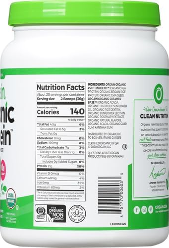 Orgain Organic Vegan Protein Powder, Natural Unsweetened - 21g of Plant Protein, 4g Prebiotic Fiber, Low Net Carbs, No Lactose Ingredients, No Added Sugar, Non-GMO, For Shakes & Smoothies, 1.59 lb
