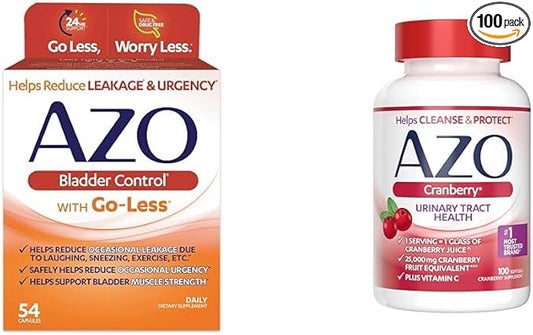 AZO Bladder Control with Go-Less Daily Supplement | Helps Reduce Occasional Urgency & Leakage | 54 Count Cranberry Urinary Tract Health | 100 Softgels
