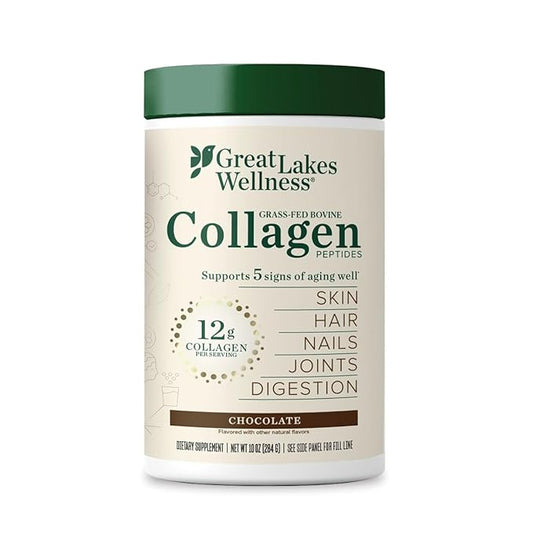 Great Lakes Wellness Collagen Peptides Powder for Skin, Hair, Nails, Joints & Digestion - Chocolate Flavored - Quick Dissolve Hydrolyzed, Non-GMO, Kosher - 10 oz - Packaging May Vary
