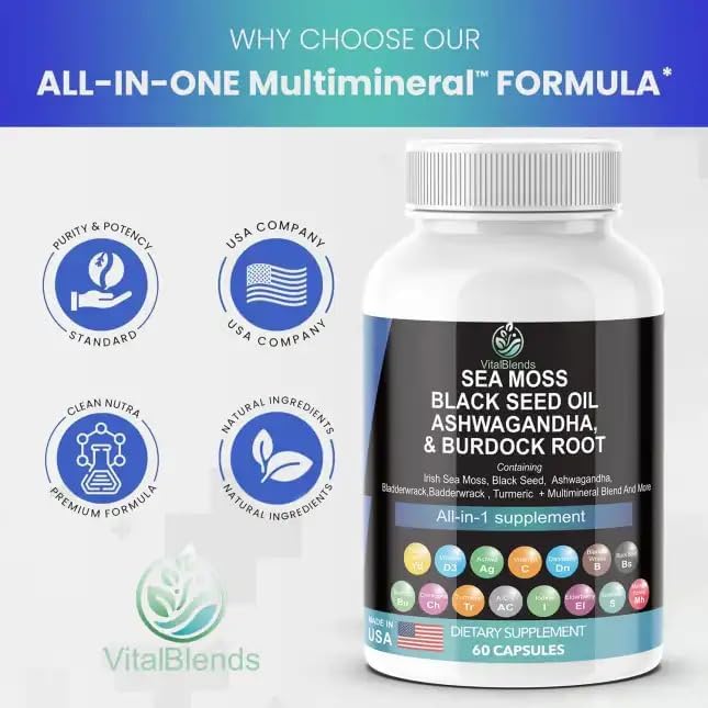 Sea Moss 3000mg Black Seed Oil 2000mg Ashwagandha 1000mg Turmeric 1000mg Bladderwrack 1000mg Burdock 1000mg & Vitamin C & D3 with Elderberry VitalBlends