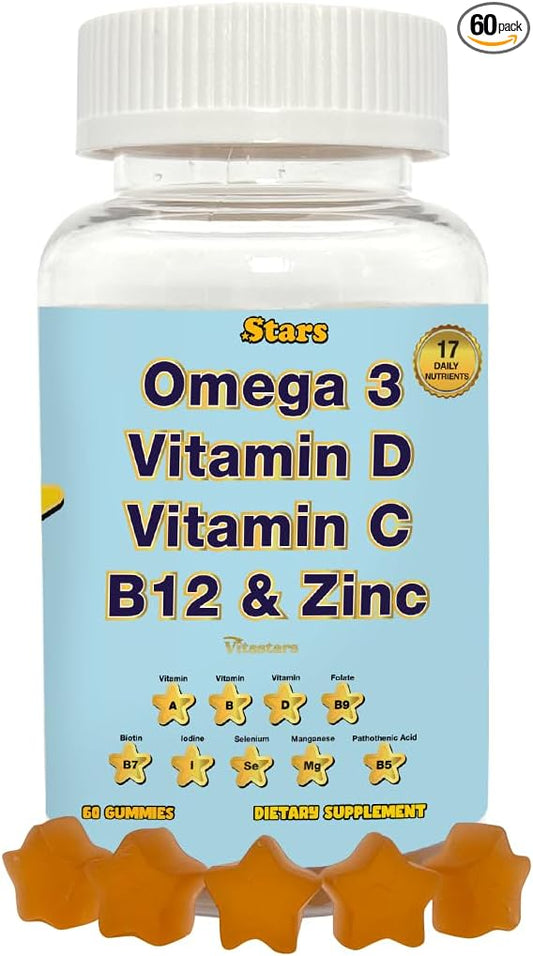 Adult Multivitamin Gummy with Omega 3, Chewable Multivitamin with Selenium, Vitamin A, B, C, D, Biotin, Multivitamin for Women, Multivitamin for Men, 60 Star Shaped Multivitamin Gummies