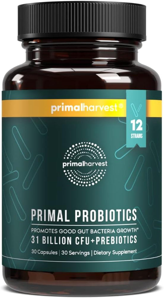 Primal Harvest PREbiotics and PRObiotics for Women & Men, 30 Oral Capsules for Gut Health, 12 Dynamic Strains