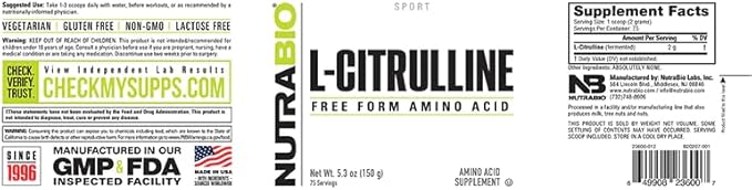NutraBio L-Citrulline, Free Form Amino Acid, 5.3 oz (150 g)