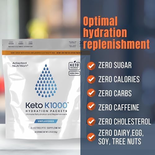 Hi-Lyte Keto K1000 Electrolyte Packets | Unflavored | Hydration Supplement Drink Mix | Boost Energy & Beat Leg Cramps | No Sugar, No Stevia, No Maltodextrin | 30 Servings