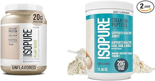 Bundle of Isopure Unflavored Organic Vegan Pea Protein Powder, Dairy Free with Amino Acids, 20 Servings + Isopure Collagen Peptides Powder, 14 Servings, Unflavored, with Vitamin C, with Biotin