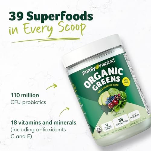 Purely Inspired Organic Green Powder Smoothie Mix, Unflavored (24 Servings) - Probiotics for Digestive Health with Spirulina & Chlorella for Gut Health - Vegan & Gluten-Free