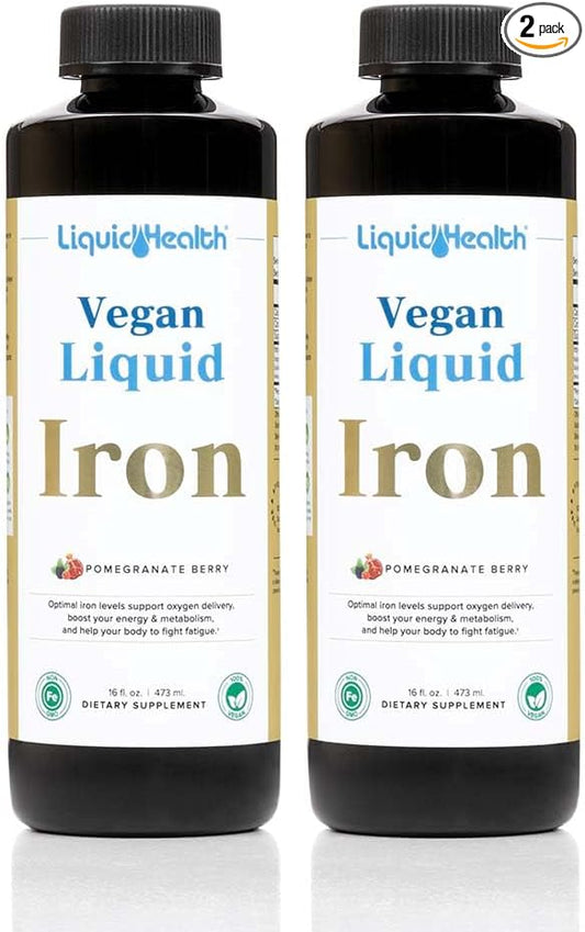 LIQUIDHEALTH Vegan Liquid Iron Supplement with SunActive & Ferrochel Fe - Natural Energy, Immune System & Metabolic Support, Better Focus, Prenatal/Postnatal - Non-GMO, Sugar Free (2 Pack)