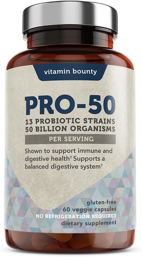 Vitamin Bounty Pro-50 Probiotic - 50 Billion Organisms and 13 Probiotic Strains That Promote Gut Health, Digestive Health Probiotic, Delayed Release Capsule with Prebiotic Greens - 60 Capsules