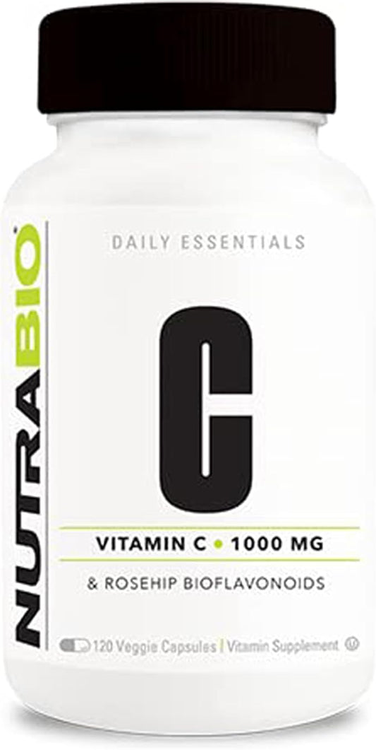 NutraBio Vitamin C with Rose HIPS - Supports Healthy Bones, Teeth and Gums, Immune Function - No Fillers or Excipients - (120 Capsules, 1000mg of Vitamin C per Capsule)