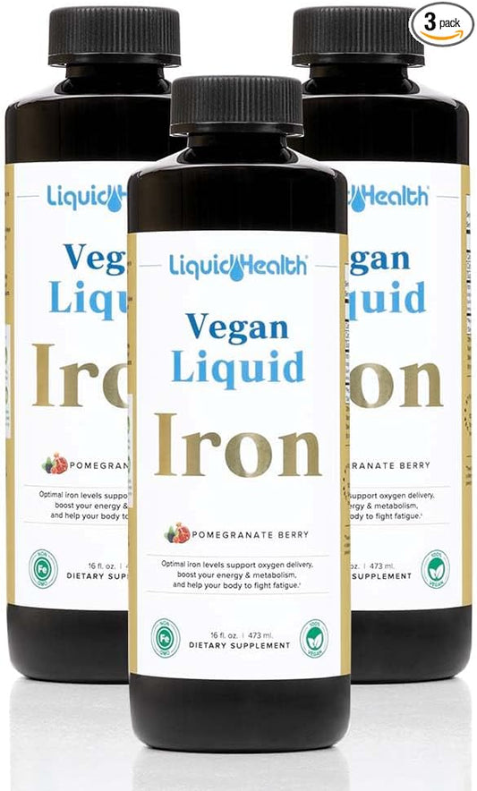 LIQUIDHEALTH Vegan Liquid Iron Supplement with SunActive & Ferrochel Fe - Natural Energy, Immune System & Metabolic Support, Better Focus, Prenatal/Postnatal - Non-GMO, Sugar Free (3 Pack)