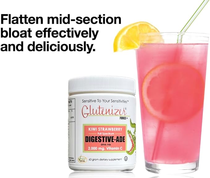 Sufficient C - Glutenizer Force Plus Kiwi-Strawberry Digestive-Ade Drink Mix - Premium, Full Spectrum Vegan enzymes Plus 2,000 mg. Gut Healing Vitamin C - Acid Indigestion & Stomach Bloat Solution