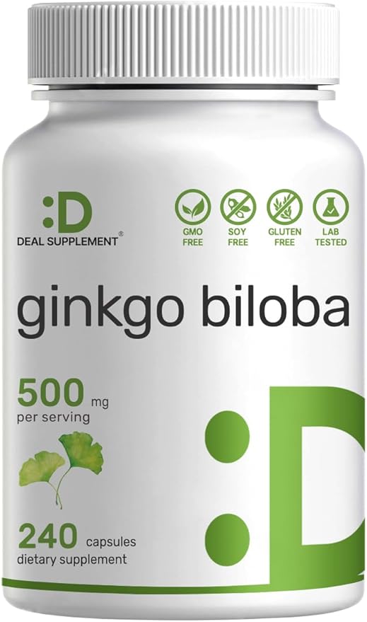 DEAL SUPPLEMENT Ginkgo Biloba 500mg Per Serving, 240 Capsules, 4 Month Supply – Grown in Northern Asia – Extra Strength, Promotes Brain Function