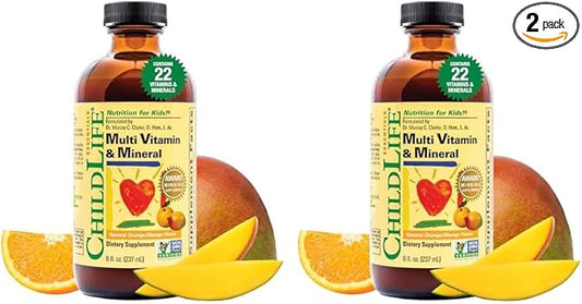 CHILDLIFE ESSENTIALS, Kids Liquid Multivitamin and Mineral Supplement - Liquid Vitamins for Kids, All-Natural, Gluten-Free, Non-GMO - Natural Orange & Mango Flavor, 8 Ounce Bottle (Pack of 2)