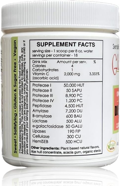 Sufficient C - Glutenizer Force Plus Kiwi-Strawberry Digestive-Ade Drink Mix - Premium, Full Spectrum Vegan enzymes Plus 2,000 mg. Gut Healing Vitamin C - Acid Indigestion & Stomach Bloat Solution