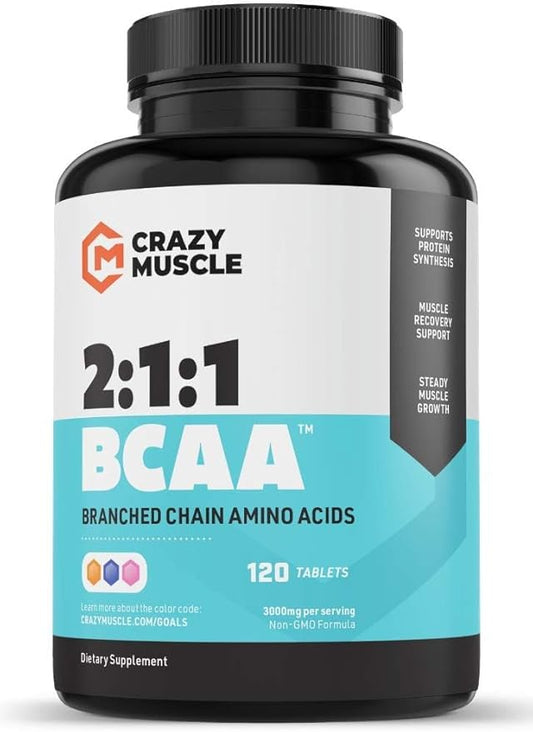 Crazy Muscle BCAA Pills with The Perfect 2:1:1 Ratio of Branched Chain Amino Acids Supplement - 1000mg of BCAAs per Pill (Better Than Capsules) 120 Tablets
