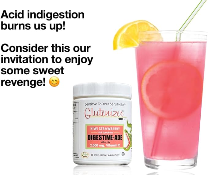 Sufficient C - Glutenizer Force Plus Kiwi-Strawberry Digestive-Ade Drink Mix - Premium, Full Spectrum Vegan enzymes Plus 2,000 mg. Gut Healing Vitamin C - Acid Indigestion & Stomach Bloat Solution