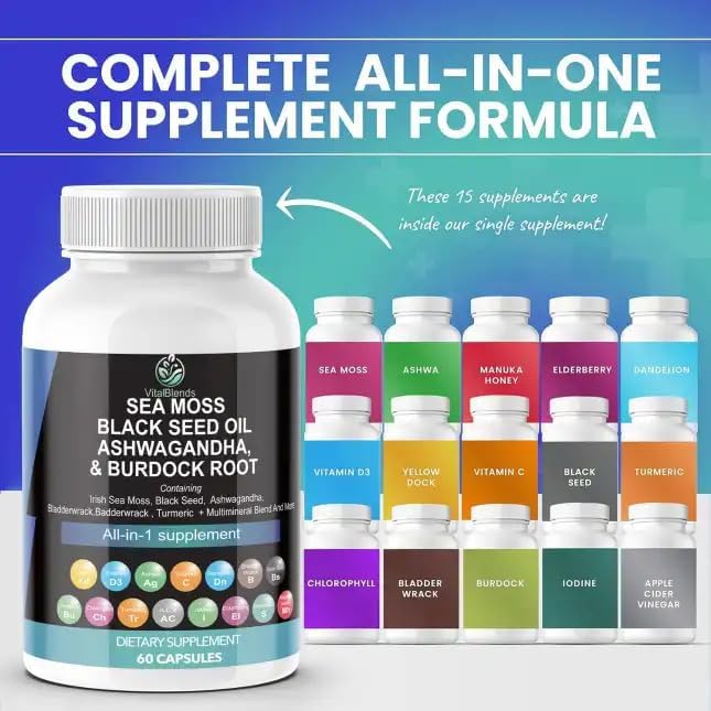 Sea Moss 3000mg Black Seed Oil 2000mg Ashwagandha 1000mg Turmeric 1000mg Bladderwrack 1000mg Burdock 1000mg & Vitamin C & D3 with Elderberry VitalBlends