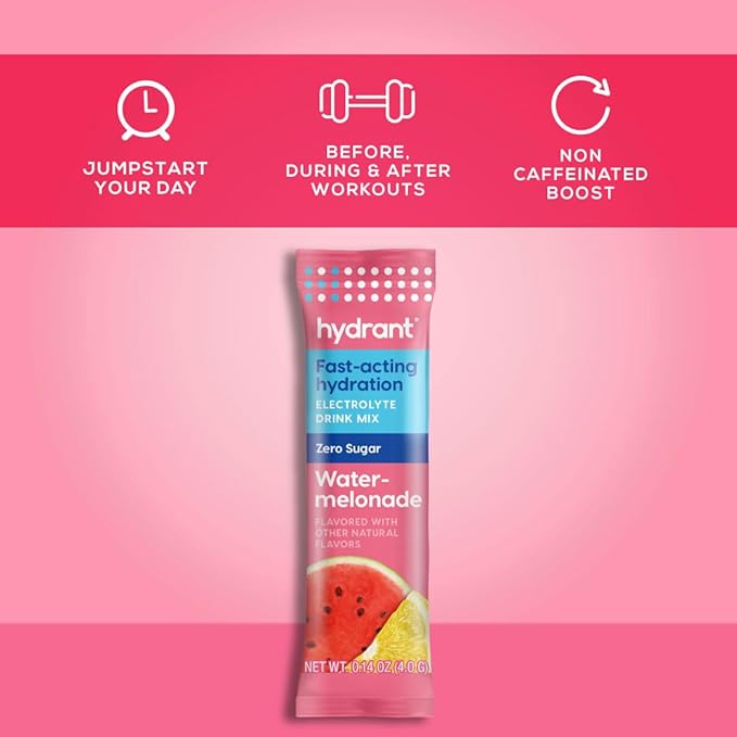 HYDRANT Hydrate No Added Sugar, Individual Hydration Electrolye Powder Stick Packets with Zero Sugar and FSA & HSA Eligibility (Watermelonade, 30 Count)