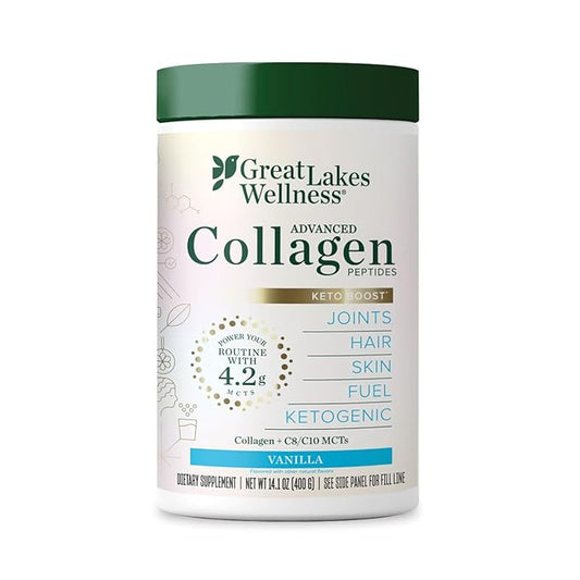 Great Lakes Wellness Keto Boost Advanced Collagen Peptides with 4.2g MCTs - Vanilla - Nutritiously-Rich Non-Dairy Coffee Creamer or Smoothie Alt - Non-GMO, Kosher - 14.1 oz - Packaging May Vary