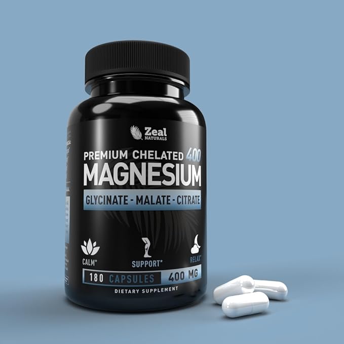 Premium Chelated Magnesium Glycinate, Malate, Citrate (400mg | 180 Capsules) Triple Blend Magnesium Complex w. Magnesium Malate Magnesium Glycinate and Magnesium Citrate