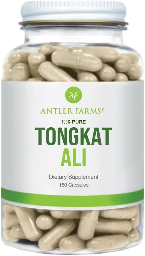 Antler Farms - 100% Pure Tongkat Ali Extract 200:1, 180 Capsules, 500mg - Eurycoma Longifolia Slow Grown Aged Roots from Indonesia – Men’s Health Support, Vegan, Gluten, Soy and Dairy Free