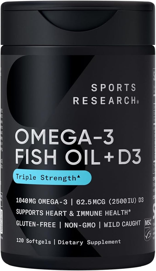 Sports Research Triple Strength 1040mg Omega-3 from Wild Alaska Pollock with Vitamin D3 2500iu | 2-in-1 Vitamin D & Omega DHA Fish Oil Supplement Supporting Heart Health - 120 Softgels