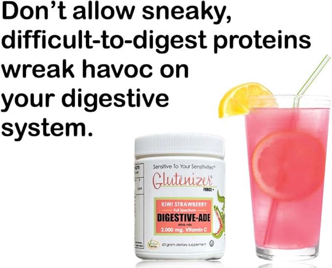 Sufficient C - Glutenizer Force Plus Kiwi-Strawberry Digestive-Ade Drink Mix - Premium, Full Spectrum Vegan enzymes Plus 2,000 mg. Gut Healing Vitamin C - Acid Indigestion & Stomach Bloat Solution