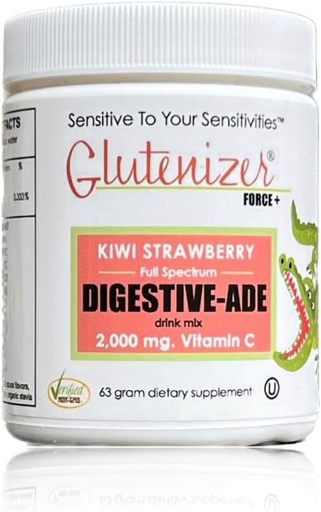 Sufficient C - Glutenizer Force Plus Kiwi-Strawberry Digestive-Ade Drink Mix - Premium, Full Spectrum Vegan enzymes Plus 2,000 mg. Gut Healing Vitamin C - Acid Indigestion & Stomach Bloat Solution