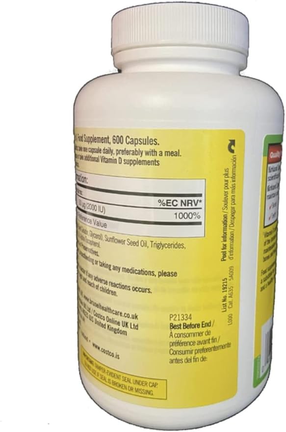 Kirkland Maximum Strength Vitamin D3 600 Softgels (Pack of 2)