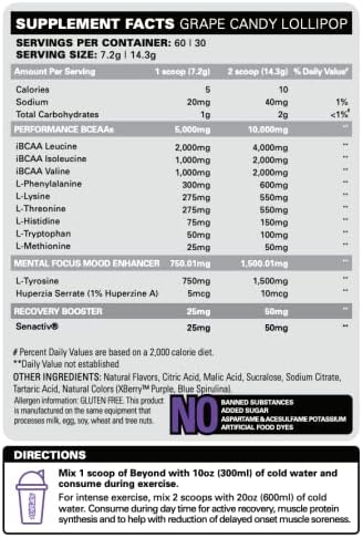 EHP Labs Beyond BCAA Powder Amino Acids Post Workout Recovery - BCAAs Essential Amino Acids EAA Supplements Powder - 10g Amino Acids Supplement for Muscle Recovery, 60 Servings (Grape Candy Lollipop)