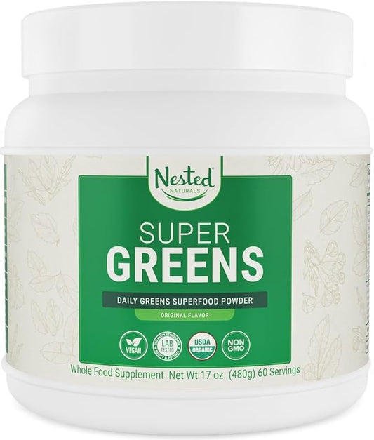 Super Greens Daily Greens Superfood Powder - Certified USDA Organic Green Powder w/20+ Whole Foods, Spirulina Powder, Wheat & Barley Grass - Probiotics, Fiber & Enzymes - Original Flavour, 60 Servings