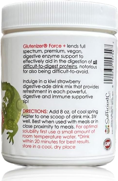 Sufficient C - Glutenizer Force Plus Kiwi-Strawberry Digestive-Ade Drink Mix - Premium, Full Spectrum Vegan enzymes Plus 2,000 mg. Gut Healing Vitamin C - Acid Indigestion & Stomach Bloat Solution