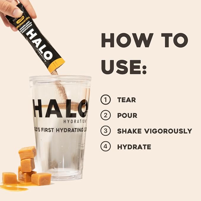 HALO Iced Caramel Latte - Energy Drink Powder – Healthy Coffee Mix for Hydration with Electrolytes, Caffeine, Vitamins and Minerals - 20 Calories - Keto and Low Calorie - 1 x 12 Sticks