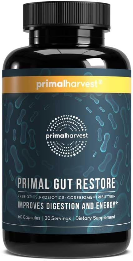 Primal Harvest Restore for Gut Health, Primal Gut Restore w/POSTbiotics, PREbiotics and PRObiotics for Women and Men, 60 CT - Digestion, Colon Cleanse, Immunity Support - Helps Leaky Gut Repair