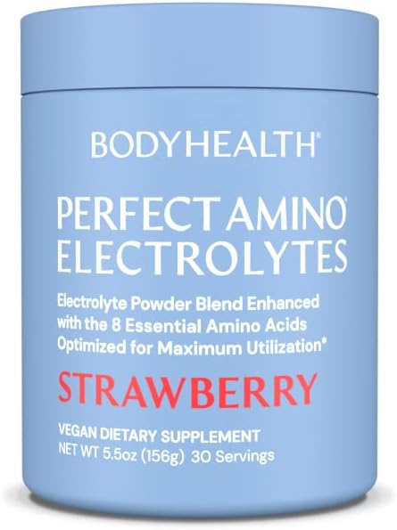 BodyHealth PerfectAmino Electrolytes Powder, Hydration Powder, Sugar Free Electrolyte Drink Mix, Keto Electrolytes Powder, Non GMO, Strawberry Flavor (30 Servings)