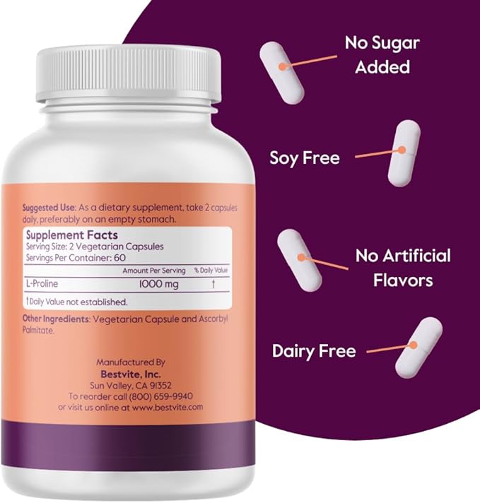 BESTVITE L-Proline 500mg (240 Vegetarian Capsules) (120 x 2) - No Stearates - No Fillers - Vegan - Gluten Free - Non GMO