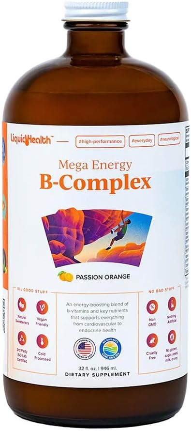 LIQUIDHEALTH Mega Energy Methylated B-Complex, Adult Liquid Vitamin Supplement - Increase Energy, Relieve Stress & Fatigue, Immune System Support, Heart & Gut Health - Vegan, Sugar-Free (32 oz)