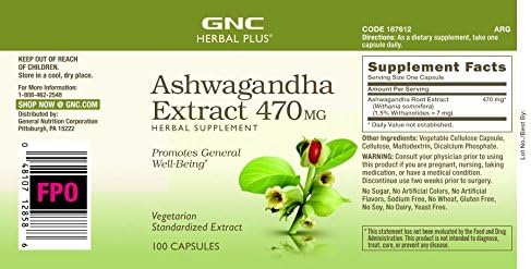 GNC Herbal Plus Ashwagandha Extract 470mg | Promotes General Well-Being | 100 Count