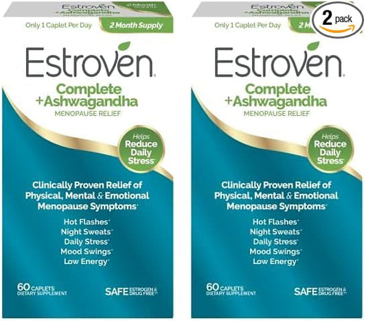 Estroven Complete + Ashwagandha Multi-Symptom Menopause Supplement for Women - Clinically Proven Ingredients Provide Menopause Relief & Night Sweats + Hot Flash Relief* - 4 Month Supply (Pack of 2)
