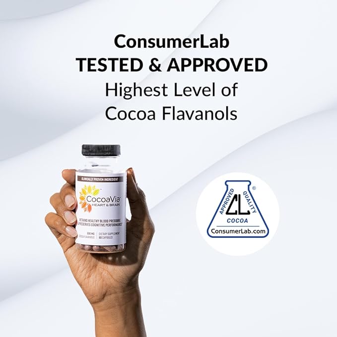CocoaVia Heart & Brain Supplement, 30 Day, Cocoa Flavanol Extract, Memory & Circulation Booster, Nitric Oxide, Boost Oxygen & Energy, Plant Based, Gluten Free, Vegan, 60 Capsules