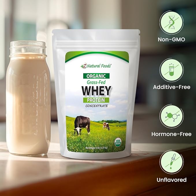 Z Natural Foods Organic Whey Protein Concentrate - Nutrient-Dense Grass Fed Whey Protein Powder - Cold Processed Pure Whey Protein with Essential Amino Acids for Nutrition & Fitness, Unflavored, 5 lbs