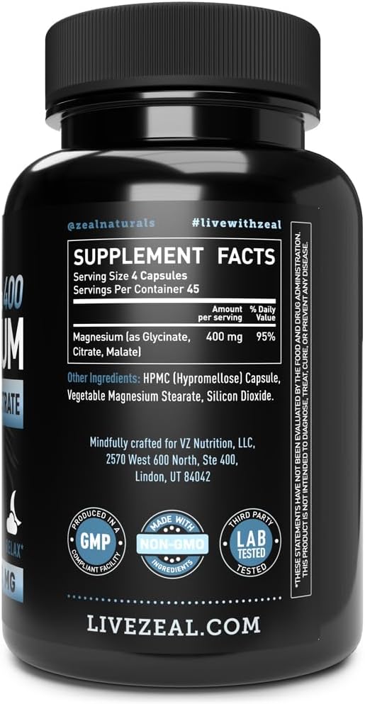 Premium Chelated Magnesium Glycinate, Malate, Citrate (400mg | 180 Capsules) Triple Blend Magnesium Complex w. Magnesium Malate Magnesium Glycinate and Magnesium Citrate
