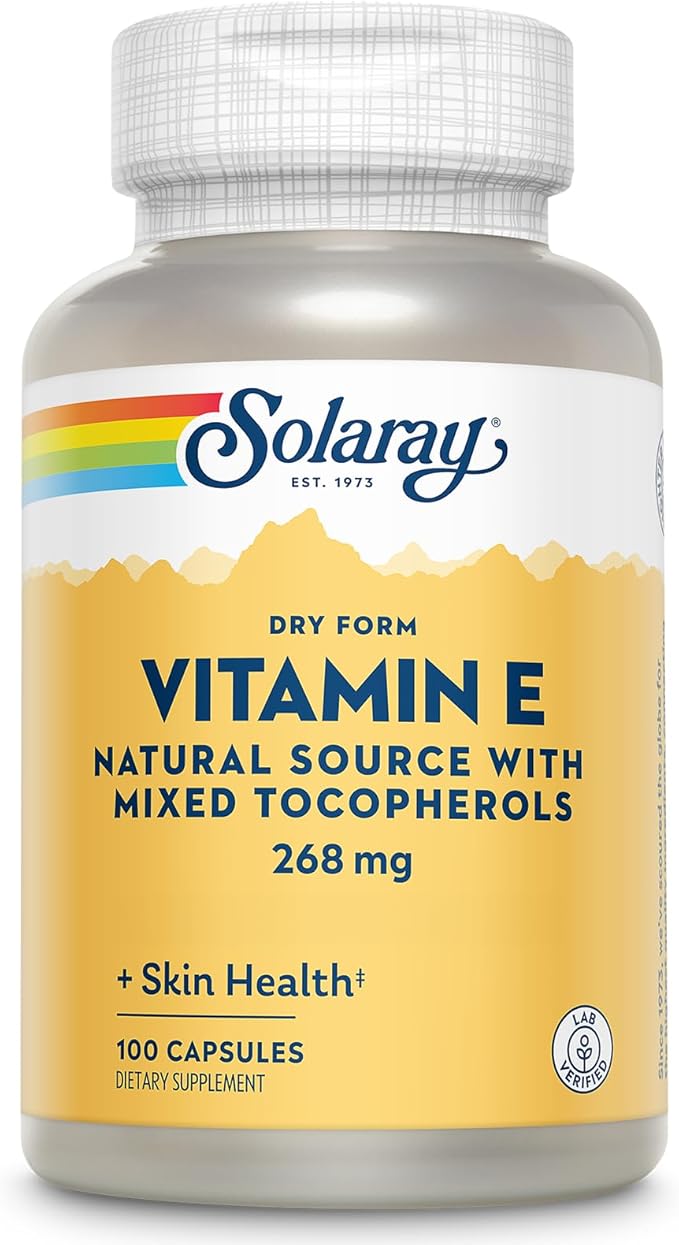 SOLARAY Vitamin E 400 IU (268mg), Dry Form - Natural Source, Mixed Tocopherols Vitamin E - Antioxidant Supplement, PMS and Menopause Support - 60-Day Guarantee, Lab Verified - 100 Serv, 100 Capsules