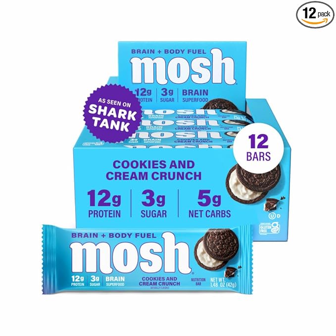 MOSH Cookies and Cream Crunch Bars, 12g Grass-Fed Protein, Keto Snack, Gluten-Free, No Added Sugar, Lion's Mane, B12 Vitamins, Supports Brain Health, Workout Recovery, Breakfast To-Go (12 Bars)…