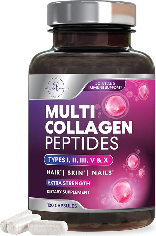 Collagen Peptides Powder Capsules for Women, 1800mg Hydrolyzed Collagen Type I, II, III, V & X, Hair, Nail, Skin, Bone & Joint Support, Collagen for Women & Men, Grass-Fed Collagen - 120 Capsules