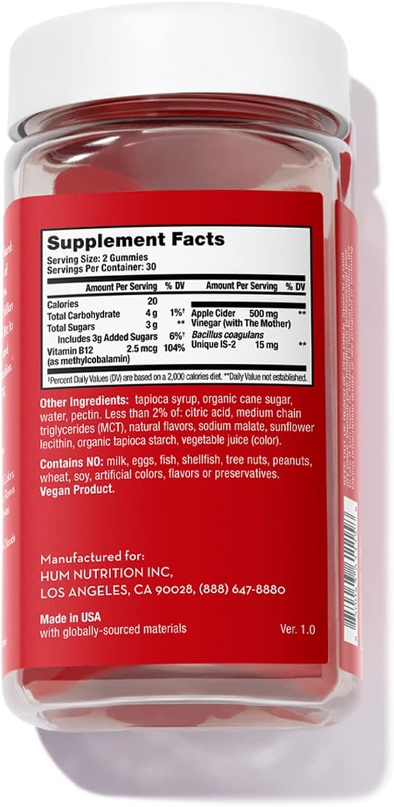 HUM Pro ACV Gummies -100% Organic Apple Cider Vinegar with The Mother, Probiotics for Digestive Health & B12 for Metabolism Support (60 Count)