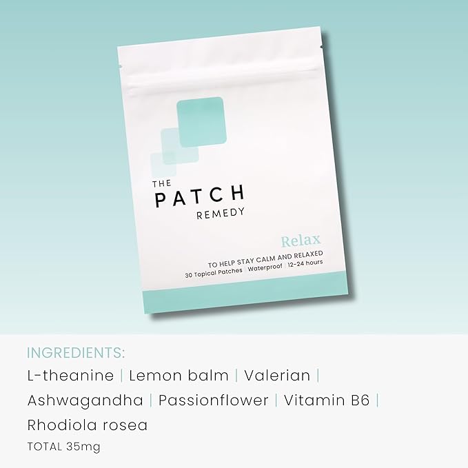 The Patch Remedy Relax Patches - 30 Topical Stress Relief Patches with Ashwagandha, L-theanine, Lemon Balm, Valerian, Passionflower, Vitamin B6, Rhodiola Rosea | Calming, Relieving, Relaxing